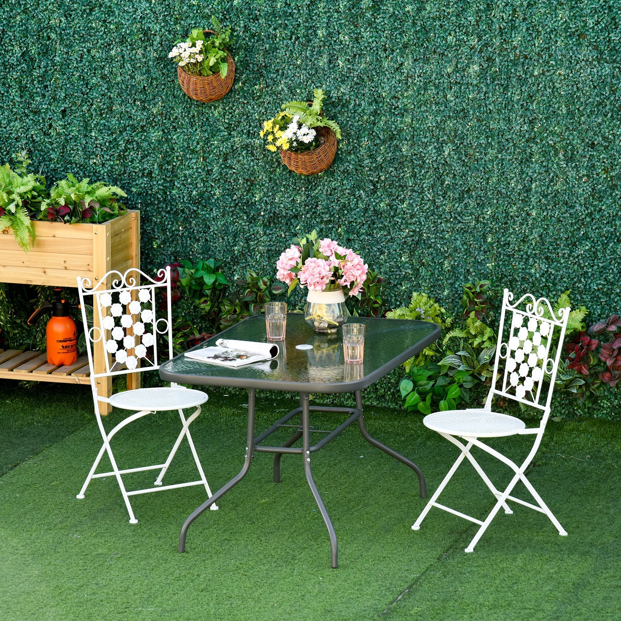 Easycomfort Tavolo da Giardino with Foro per Ombrellone, Arredamento da Esterno in Metallo e Vetro 140x80x70cm Grigio