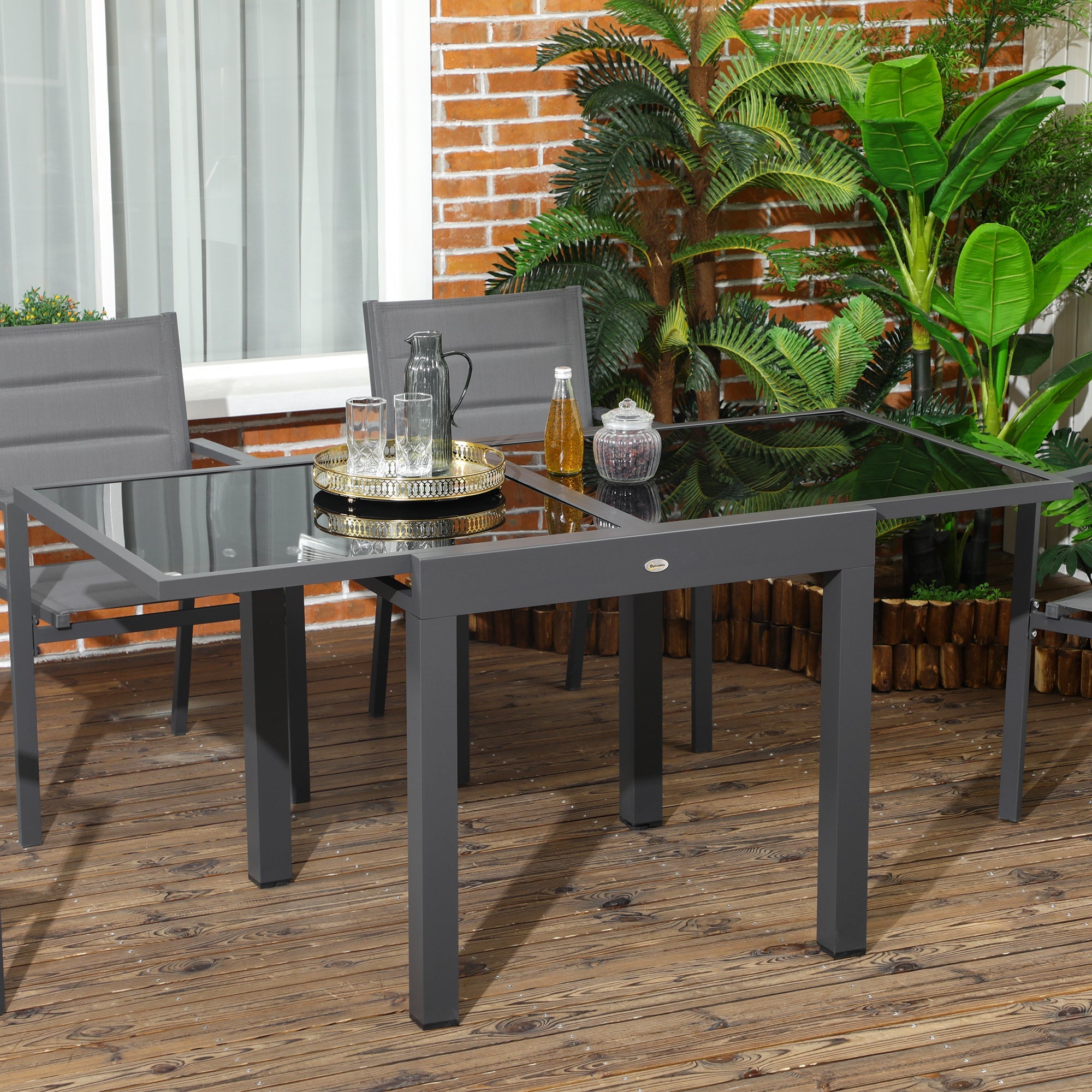 EasyComfort Tavolo da Pranzo Allungabile da Giardino with Piano in Vetro e Alluminio, 80-160x80x75 cm, black