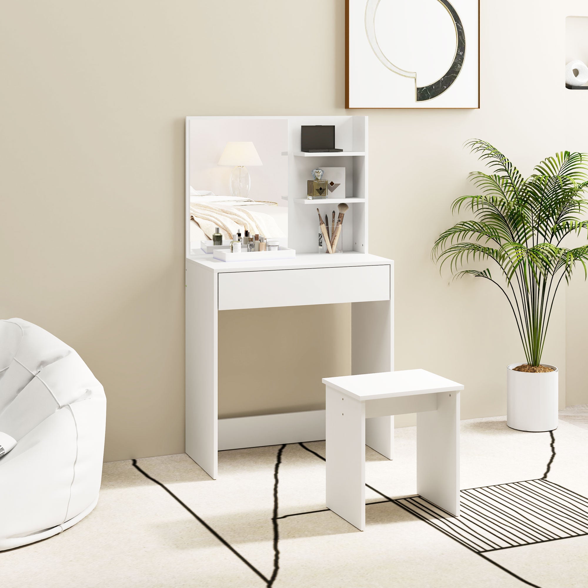 EasyComfort Make-uptafel met 3 planken, spiegel en kruk, 75x40x137 cm