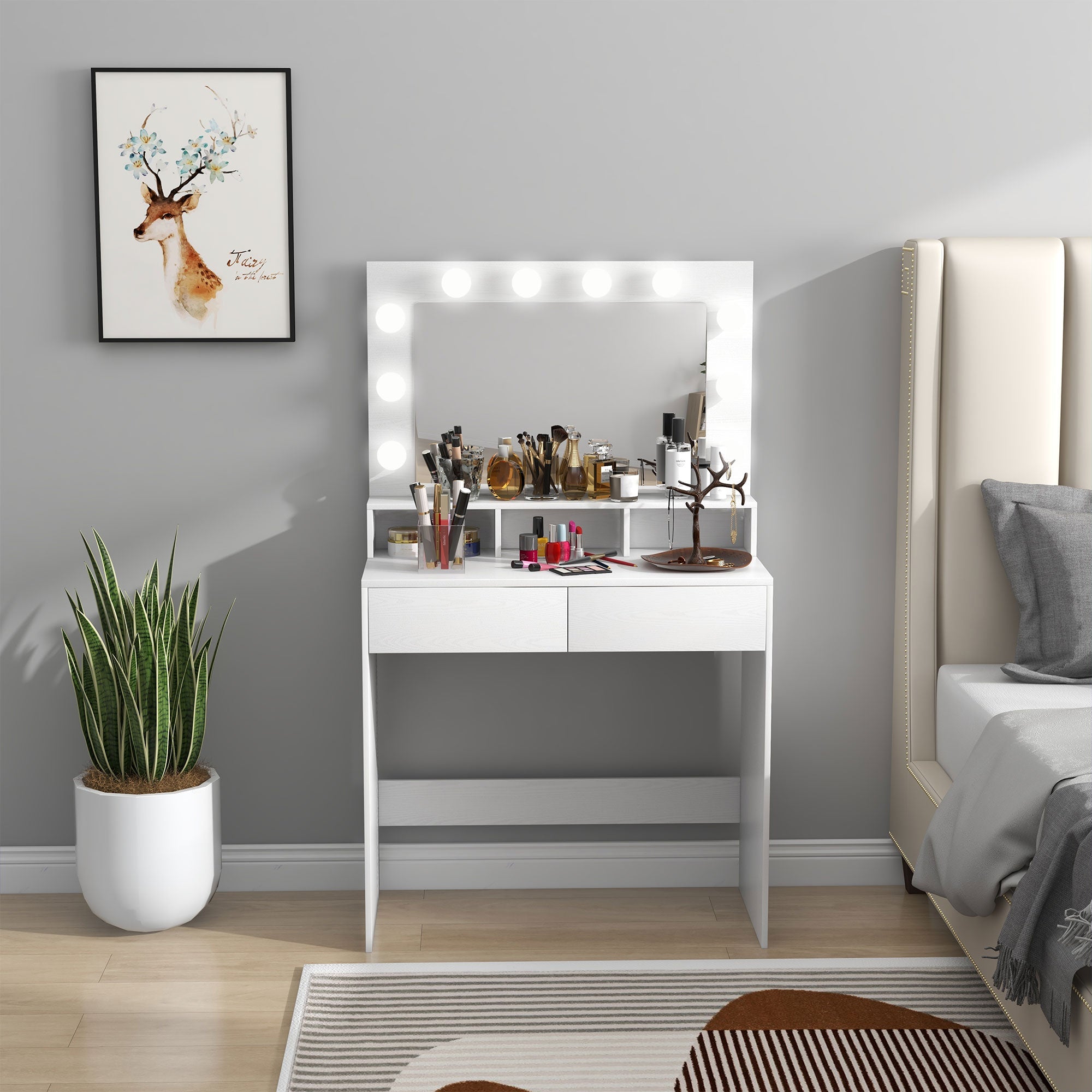 EasyComfort Tavolo da Trucco toilettafel met spiegel en 10 dimbare LED-lampen, 80x40x135 cm