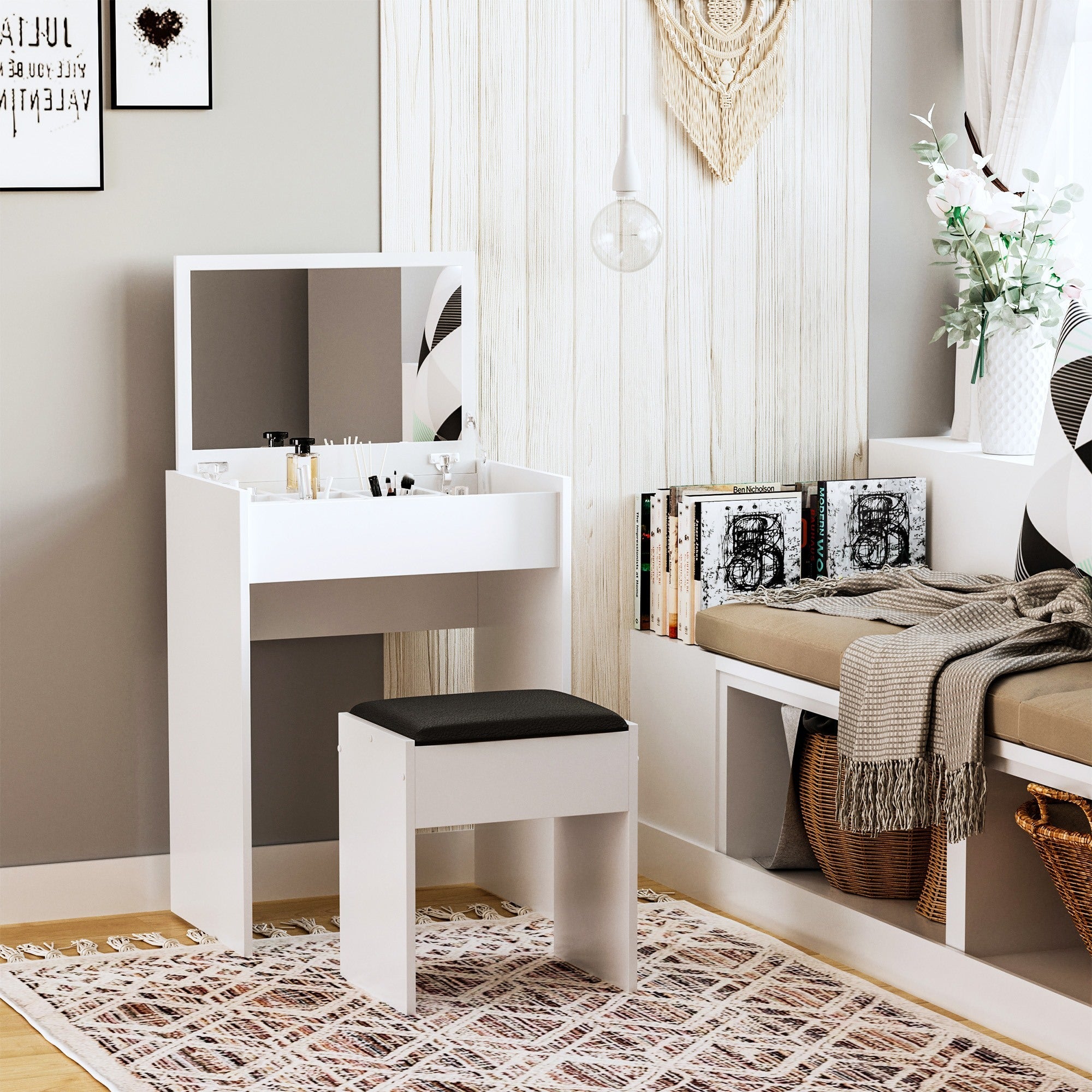 Easycomfort Tavolo da Trucco with Specchio Richiudibile, Tavolo da Trucco Moderno, with Sgabello, Vano Contenitore (10 Scomparti), MDF white, 60.2 x 40.2 x 79cm