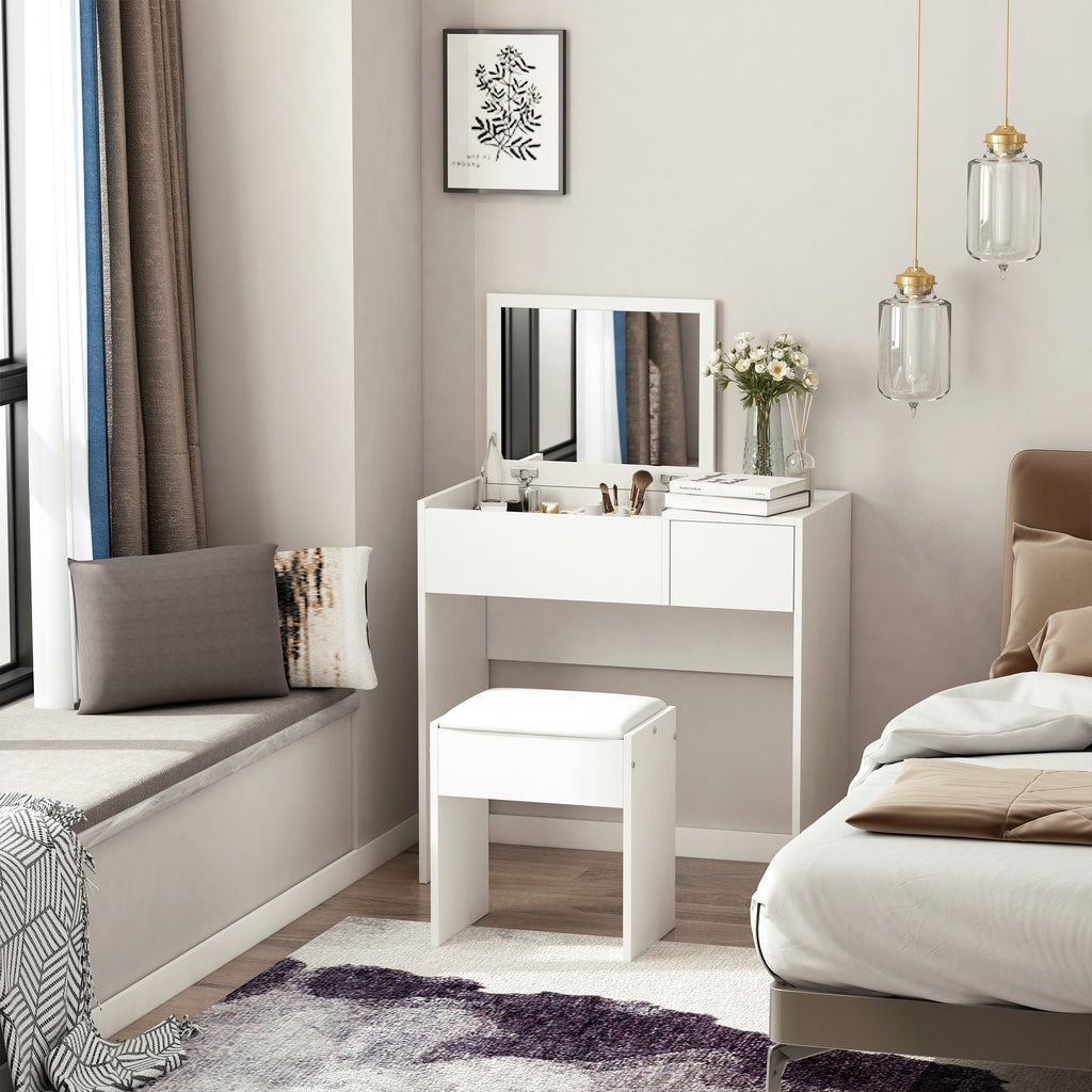 Easycomfort Tavolo da Trucco with Specchio Richiudibile, Tavolo da Trucco Moderno, with Sgabello, Vano Contenitore (4 Scomparti), MDF white, 80x40x79 cm