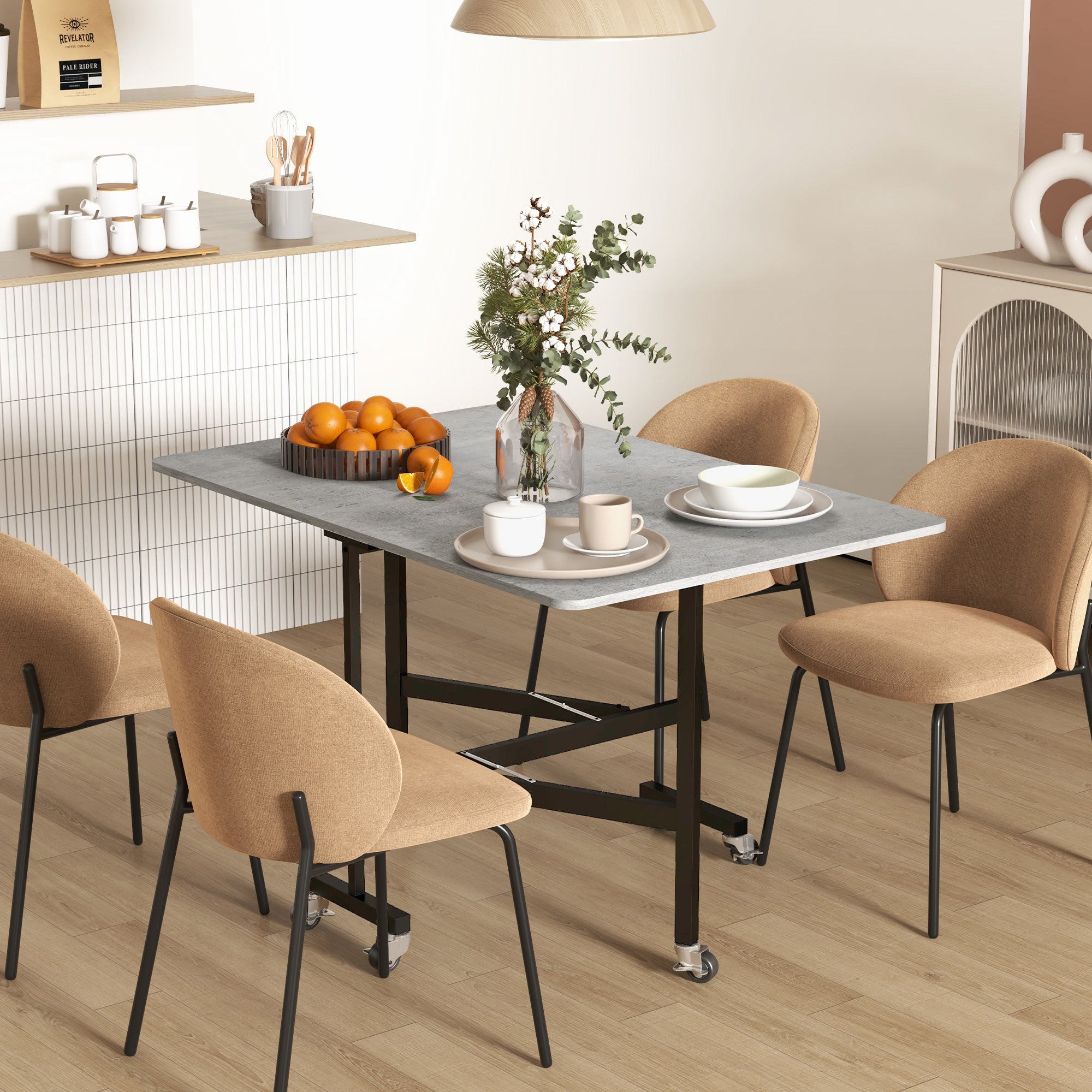 EasyComfort Tavolo Pieghevole a Ribalta per 4-6 Persone with 6 Rotelle, in Legno e Acciaio, 120x80x73 cm, Grigio
