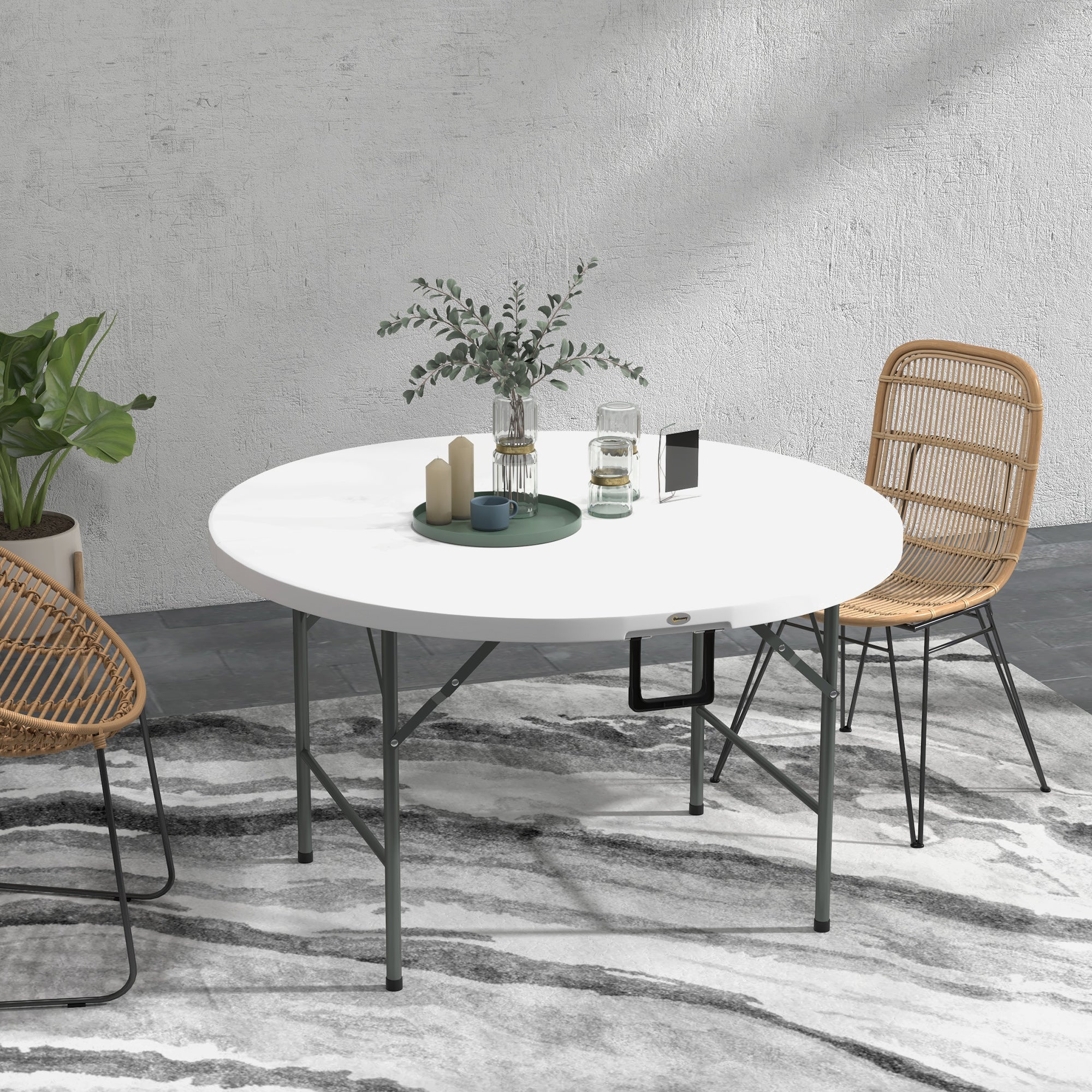 EasyComfort Opvouwbare tuintafel Ø122x73 cm staal & HDPE, grijs/wit