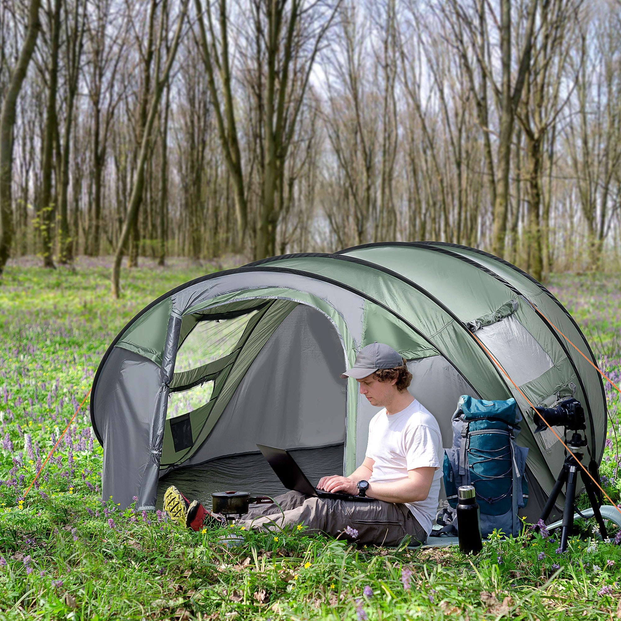 EASYCOMFORT Pop-up campingtent 4-5 personen, 2 deuren, donkergroen