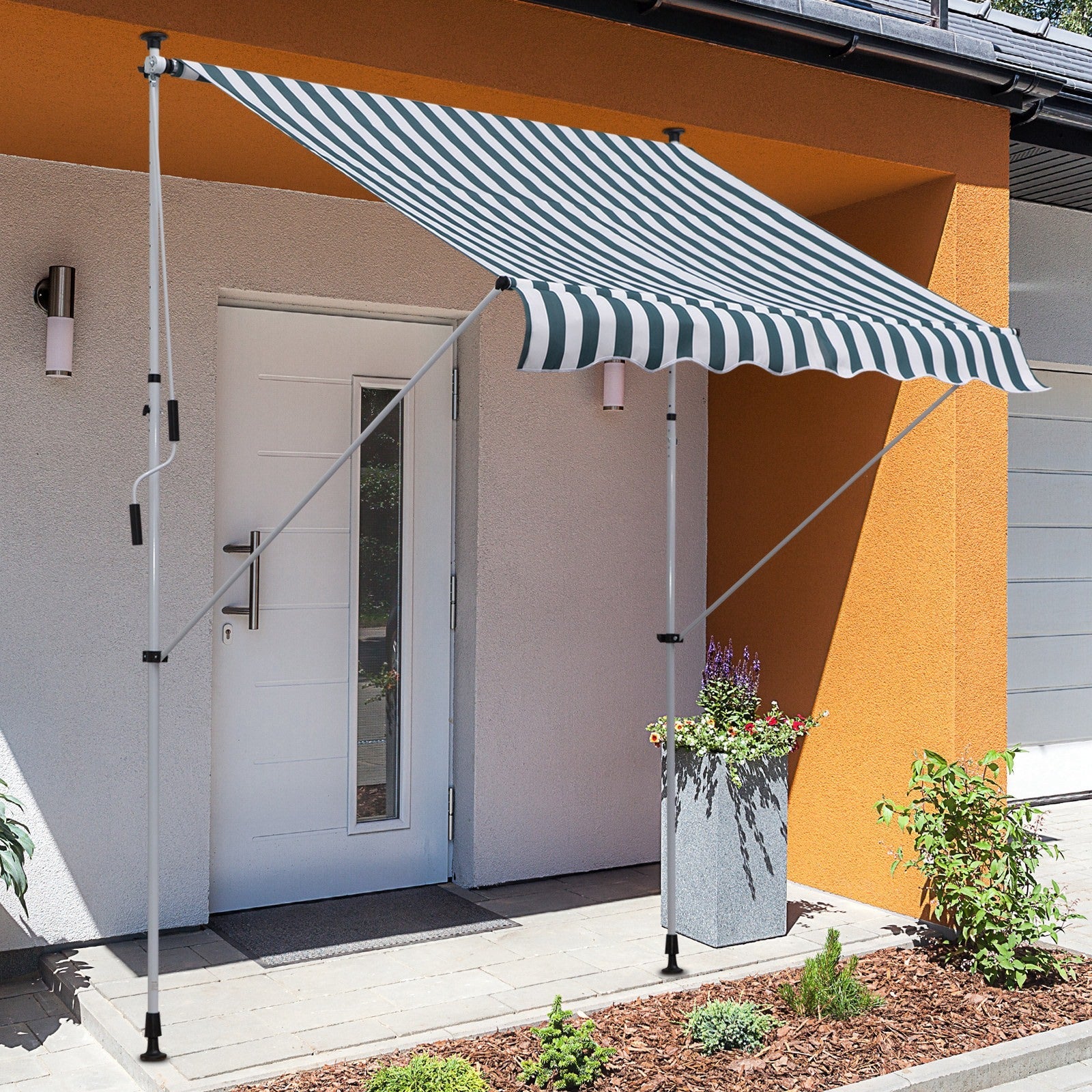 EASYCOMFORT Outdoor Roller Awning 2x1.5m with Crank, Adjustable Height and Angle, White and Green