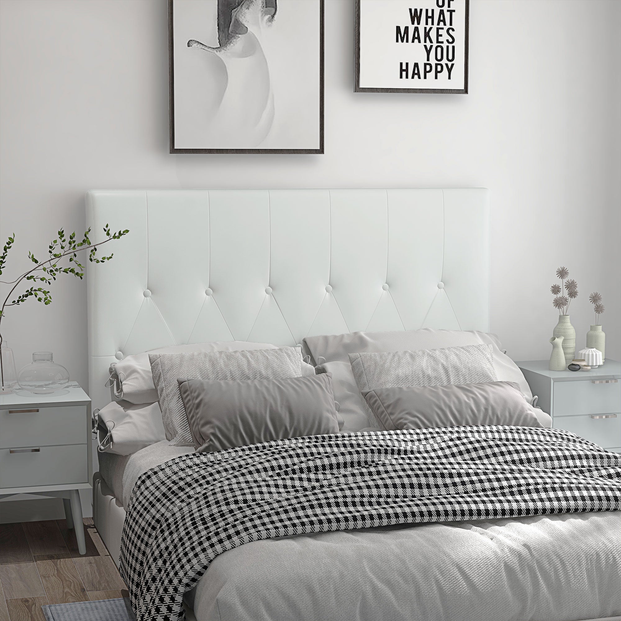 EasyComfort Testiera Letto Matrimoniale Imbottita with Design a Bottoni, in Pelle PU e MDF, 160x7x120 cm, white
