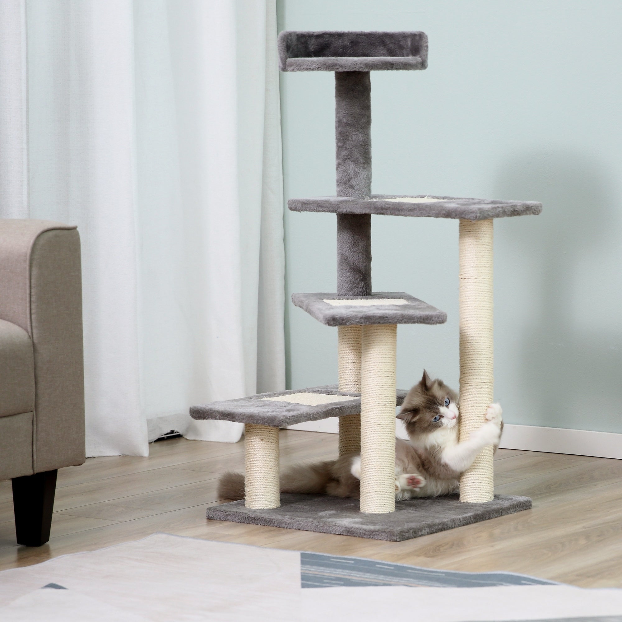EasyComfort Krabpaal 100 cm met rond ligbed, sisal palen, pluche - Grijs