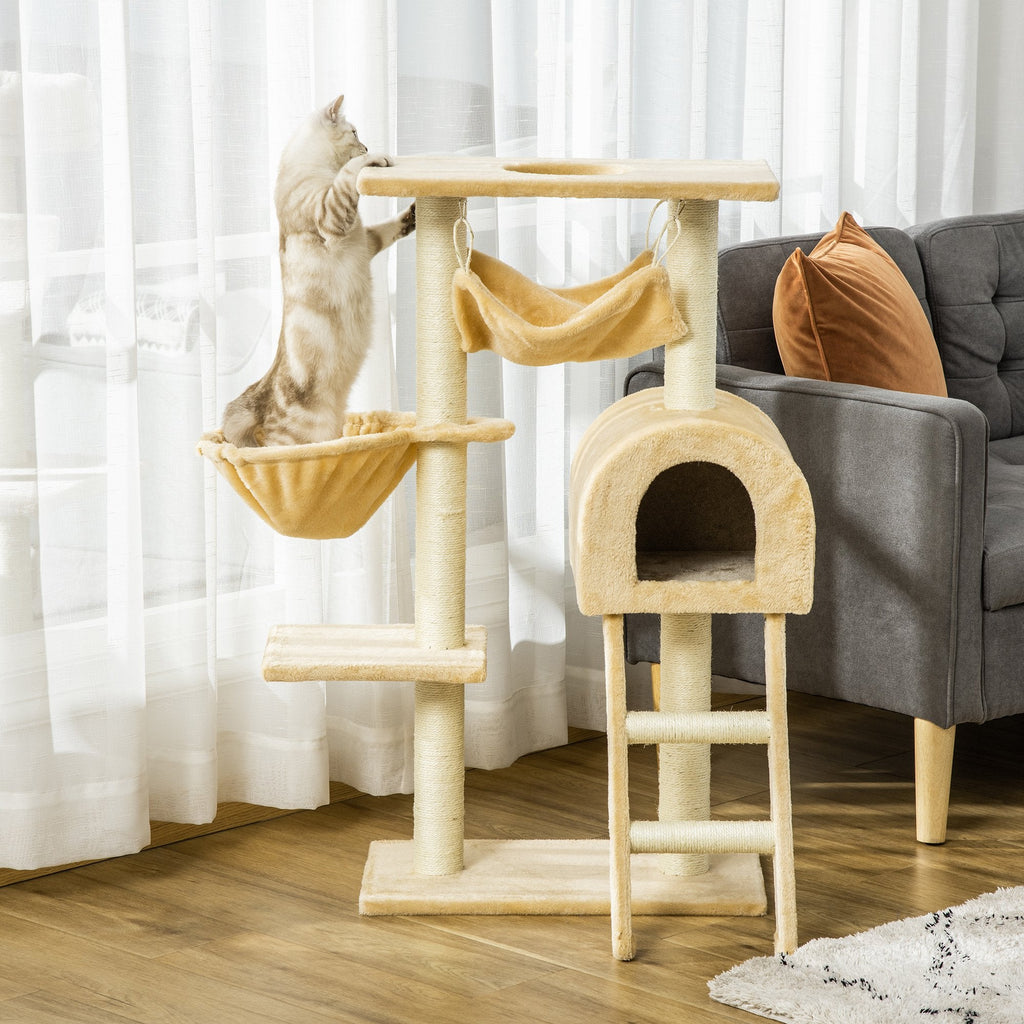 EASYCOMFORT Multilevel Cat Scratching Post with Hammock and House, Natural Sisal Ropes, 55×30×100cm