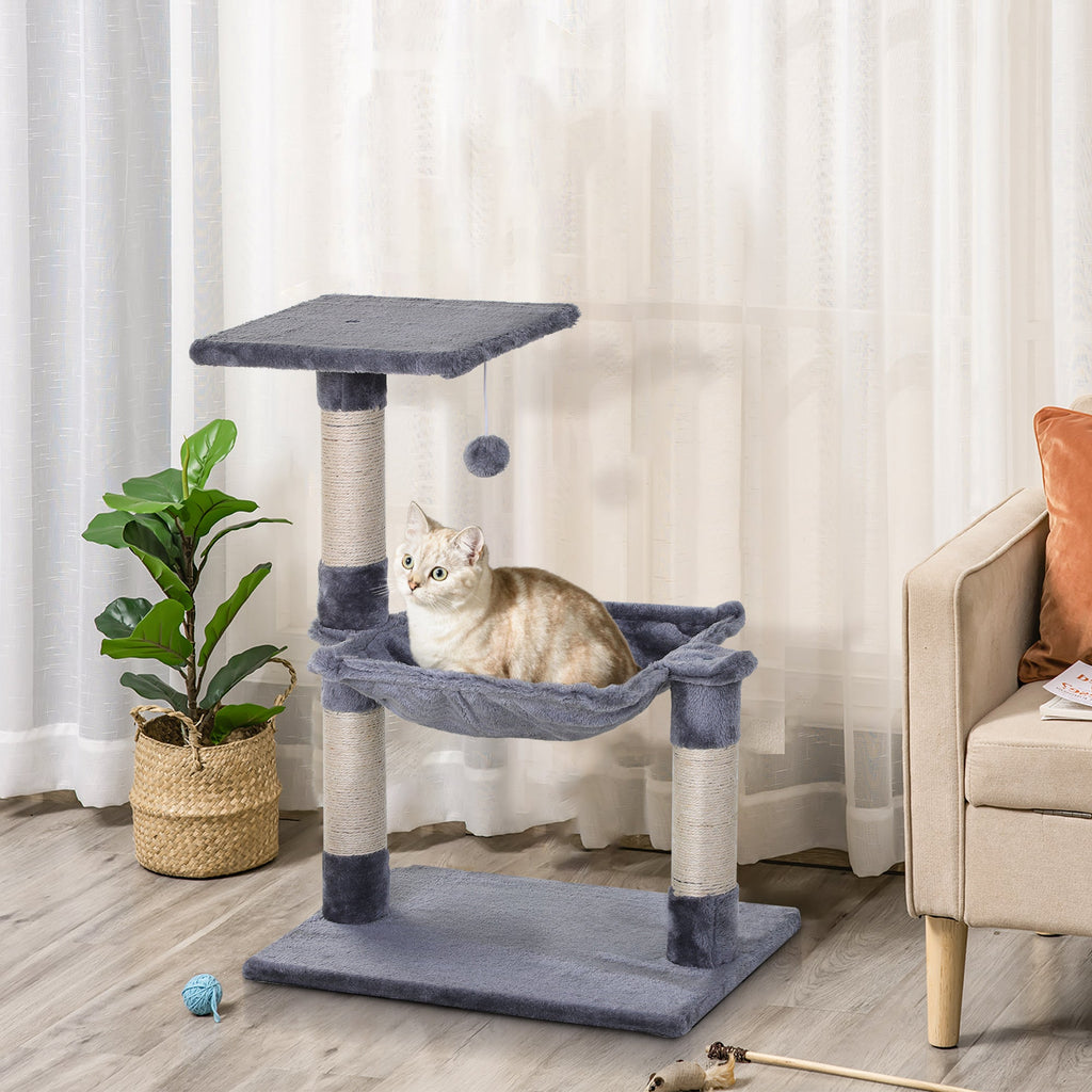 EASYCOMFORT Multilevel Cat Scratching Post with Hammock and Ball, Wood and Plush, 50x36x70cm, Gray
