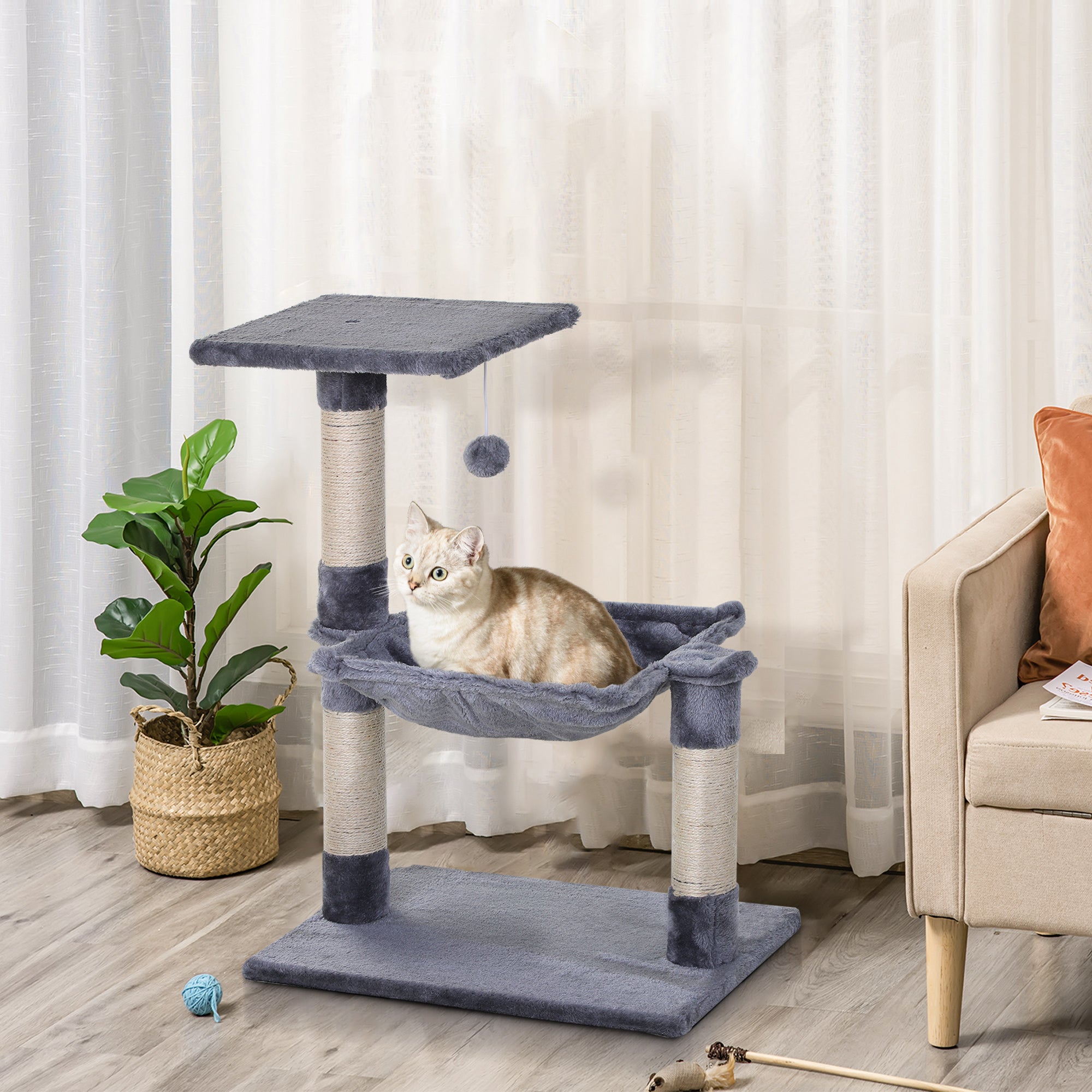 EASYCOMFORT Multilevel Cat Scratching Post with Hammock and Ball, Wood and Plush, 50x36x70cm, Gray