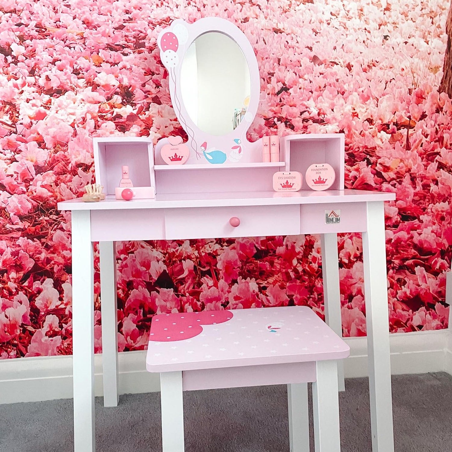 Easycomfort Toeletta per Bambine +3 Anni in Legno, Set Tavolo da Trucco Giocattolo with Specchio e Sgabello, Rosa