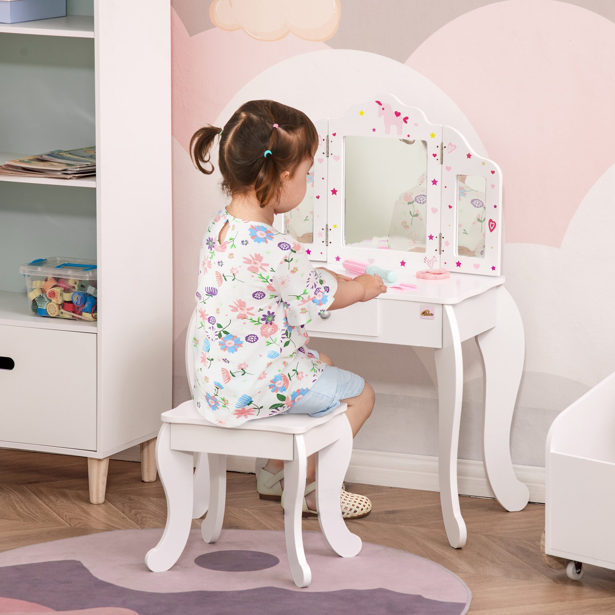Easycomfort Toeletta per Bambini with Sgabello, Tavolo Trucco with Triplo Specchio e Cassetto, 63x40x85.5cm, white