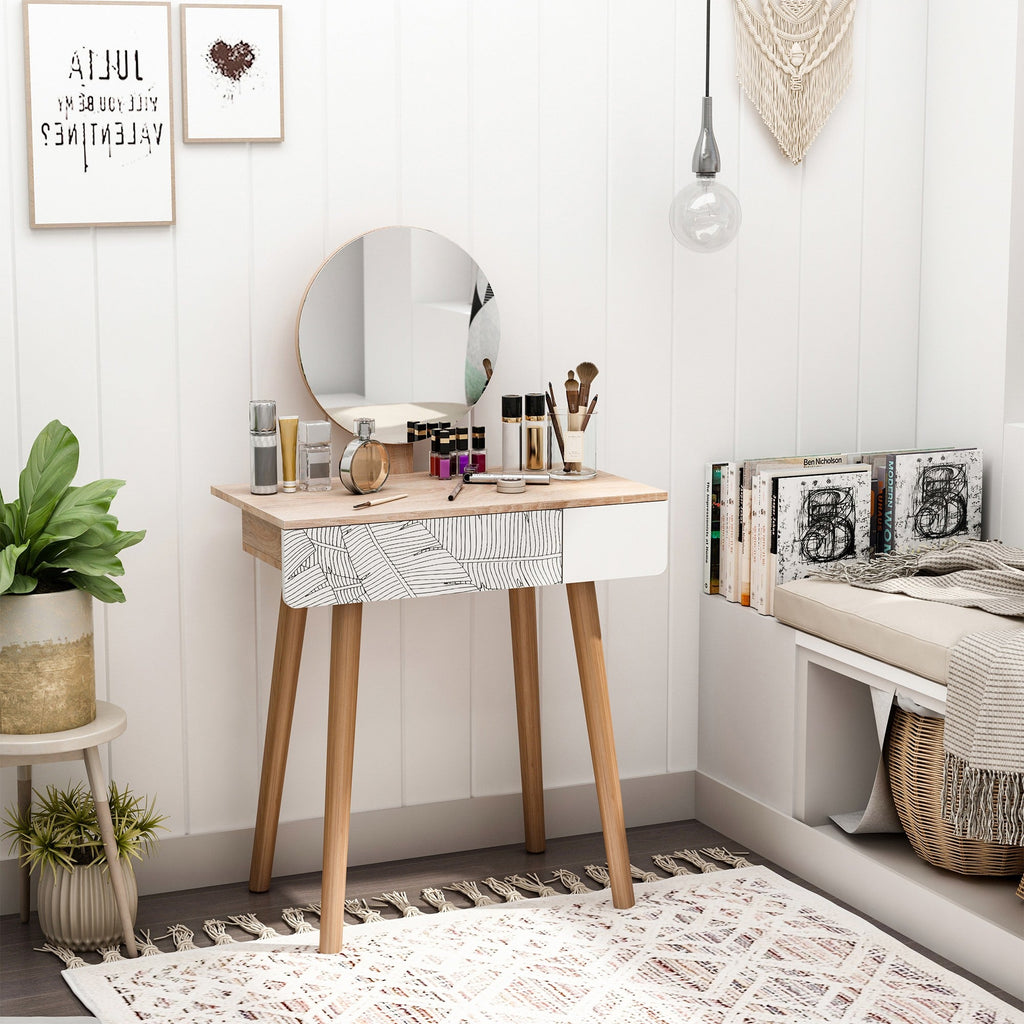 Easycomfort Toeletta Tavolo da Trucco with Specchio Circolare Ф39cm, Consolle Trucco with Cassetto with Decorazione Jungle, white e Rovere, 70x39x119-128cm
