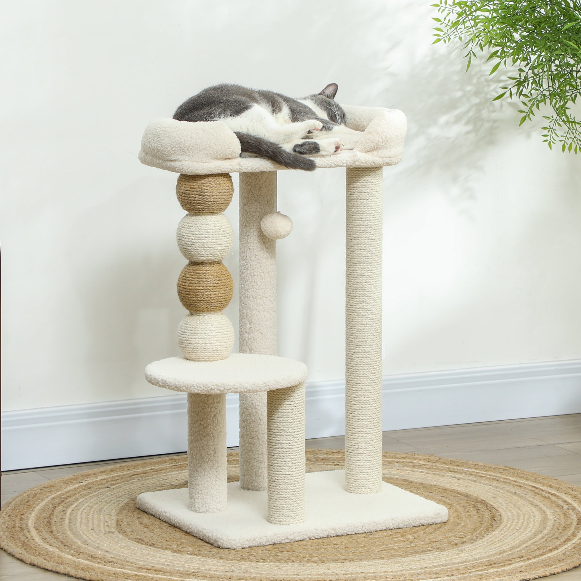 EasyComfort Torre per Gatti con Lettino, Piattaforma e Pallina Giocattolo, in Legno, Peluche e Iuta, 48.5x40x76 cm, Beige
