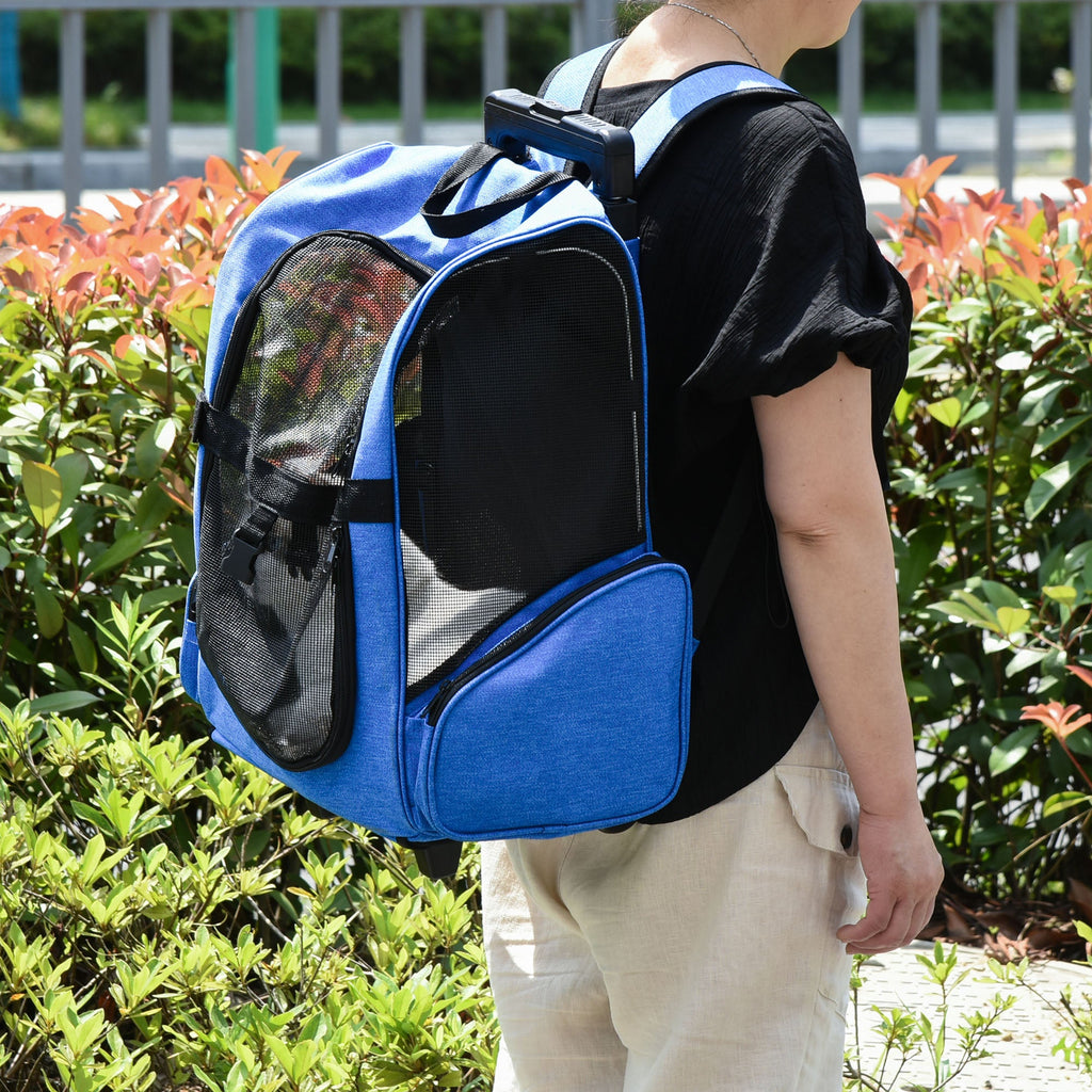 EasyComfort Trasportino Zaino 2 in 1 per Cani e Gatti with Tasche e Maniglia Telescopica, 42x25x55cm, Blu