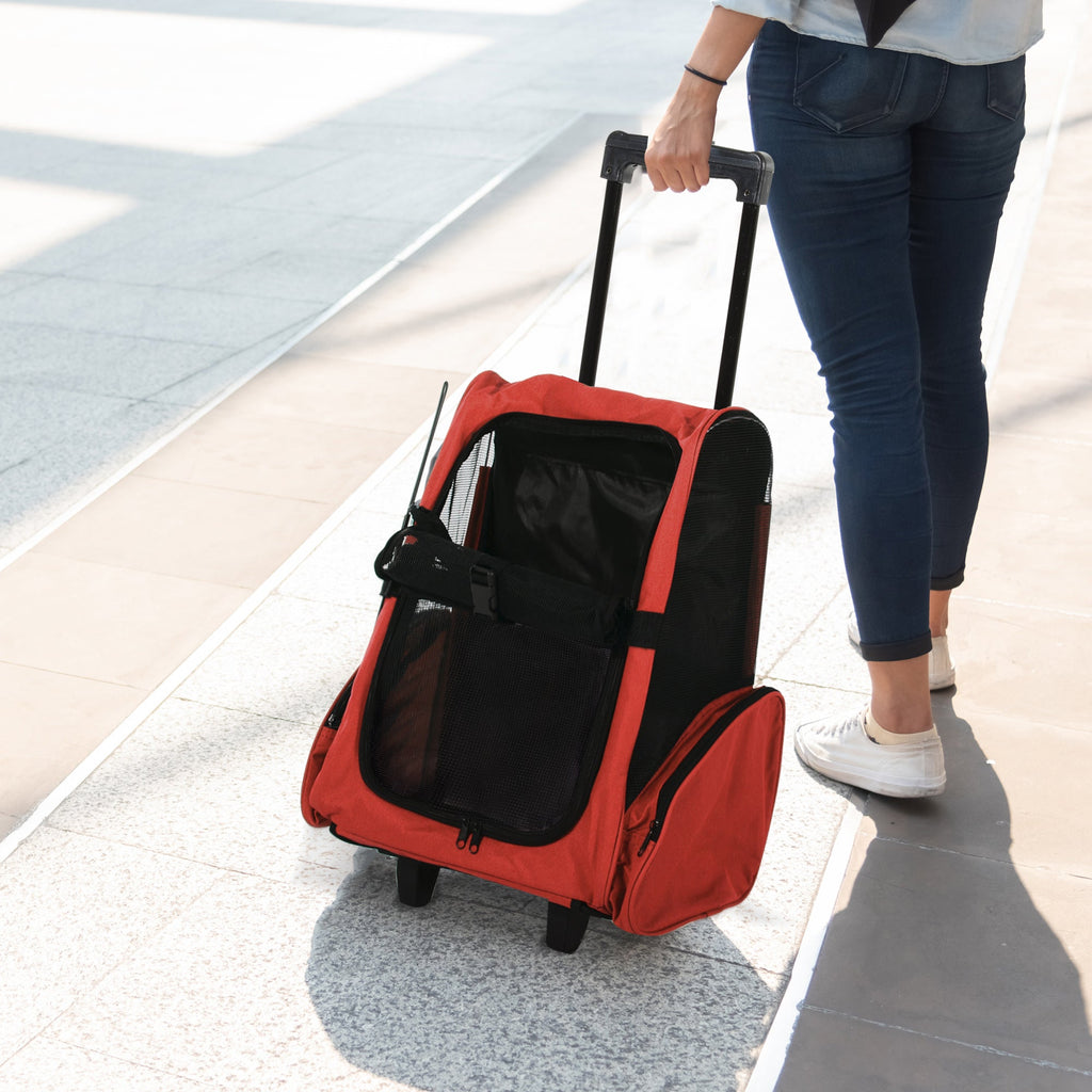 EASYCOMFORT 2 in 1 Backpack Carrier for Dogs and Cats with Side Pockets, Telescopic Handle and Wheels, 42x25x55cm, Red