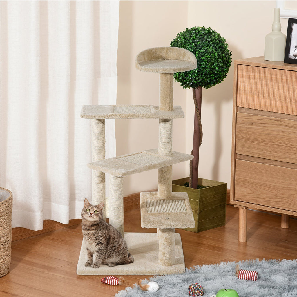 EASYCOMFORT Multilevel Cat Perch with Sisal Scratching Post, Cat Tree with Platforms and Beige Plush Kennel, 50x50x100cm