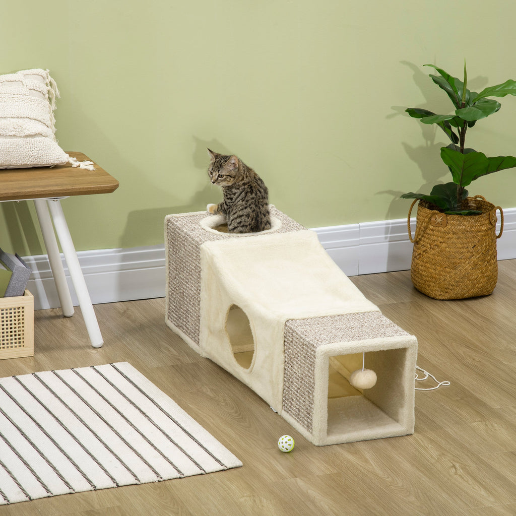 EasyComfort Kattentunnel opvouwbaar met huisjes, sisal krabpaal en speelbal, crème