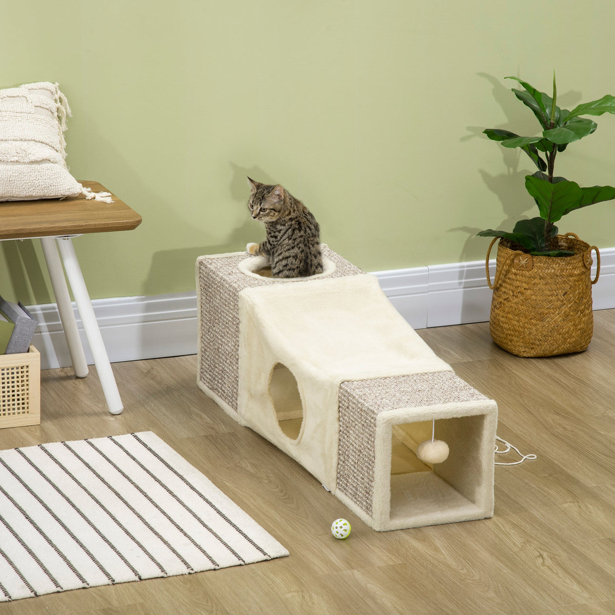 EasyComfort Kattentunnel opvouwbaar met huisjes, sisal krabpaal en speelbal, crème