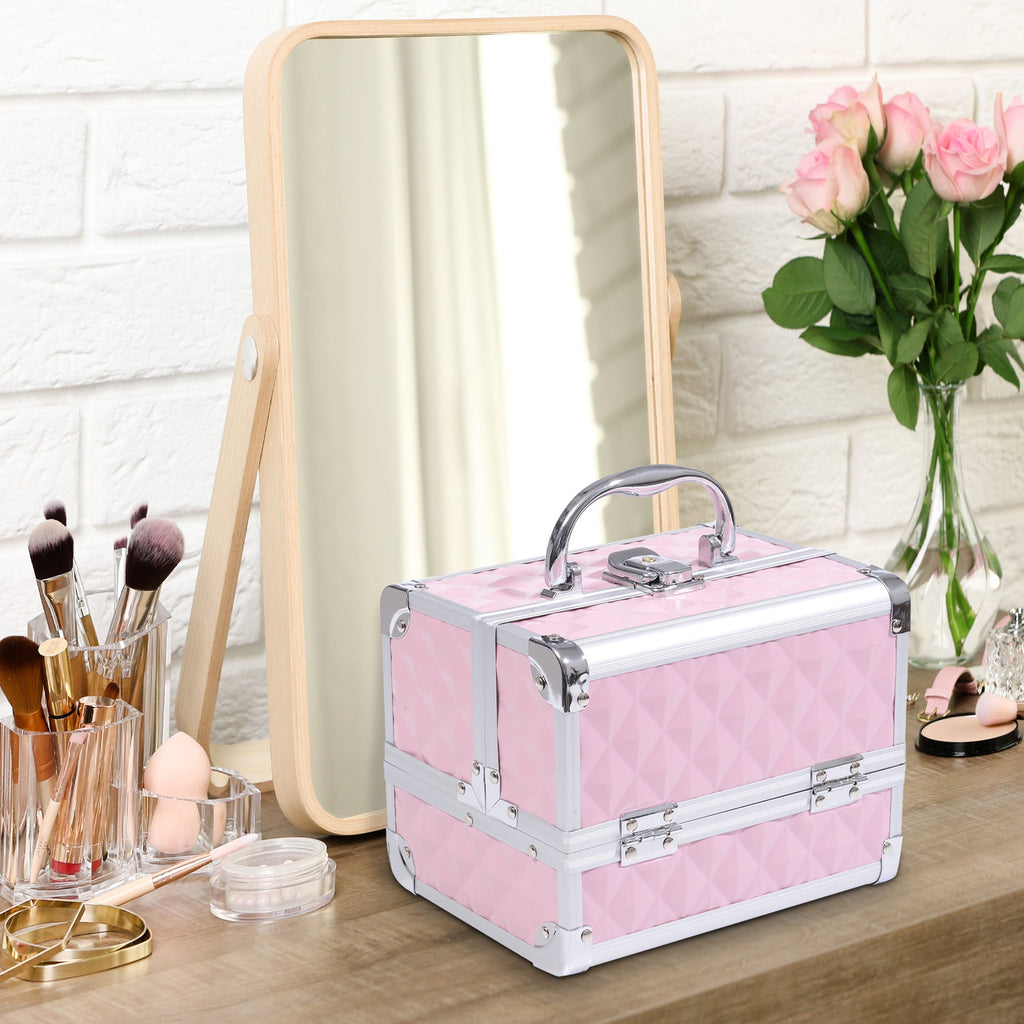 EasyComfort Valigetta Porta Trucchi with Profili in Alluminio, Maniglia e Vassoio Cantilever, 20x15x15cm, Rosa
