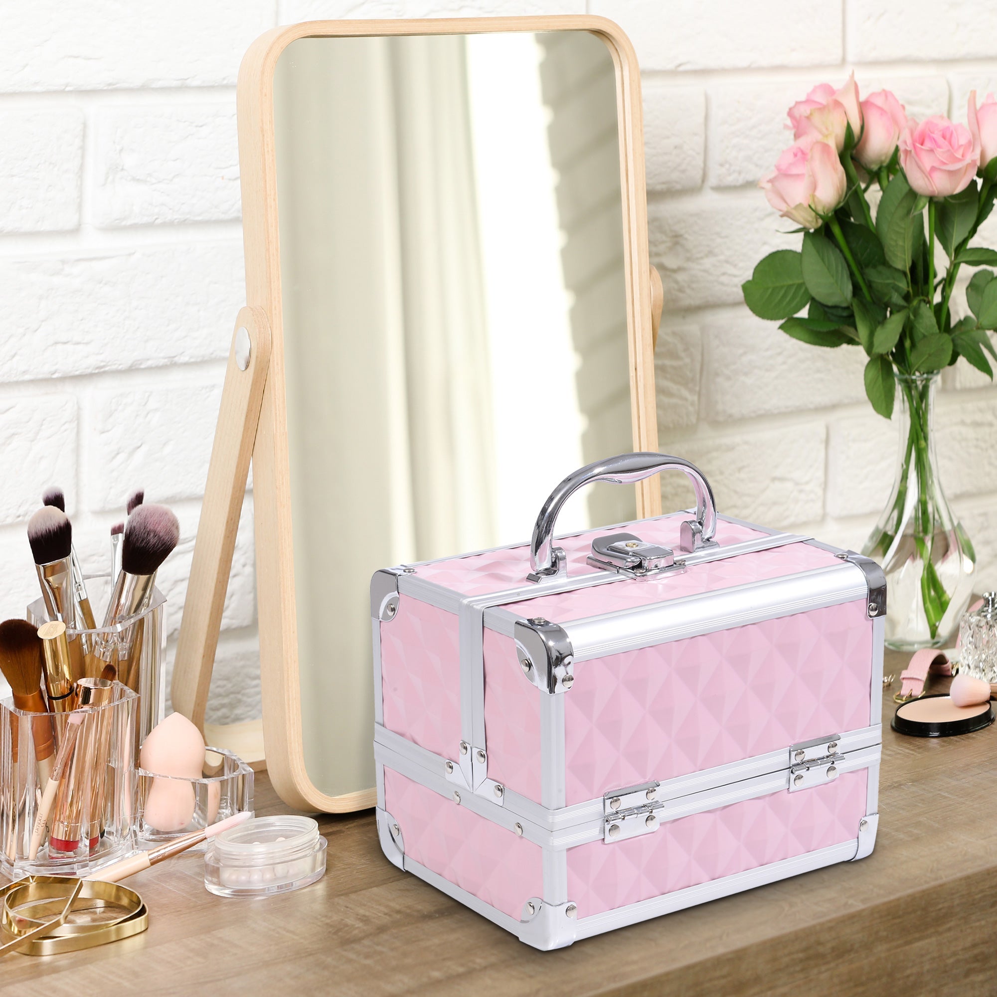 EasyComfort Valigetta Porta Trucchi with Profili in Alluminio, Maniglia e Vassoio Cantilever, 20x15x15cm, Rosa