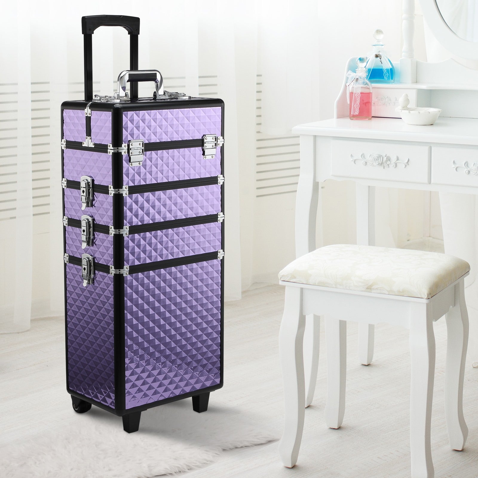 Easycomfort Valigia Porta Trucchi Professionale, Trolley Makeup da Viaggio in Alluminio, 2 Ruote, Viola 33.5x23x76/95.5cm
