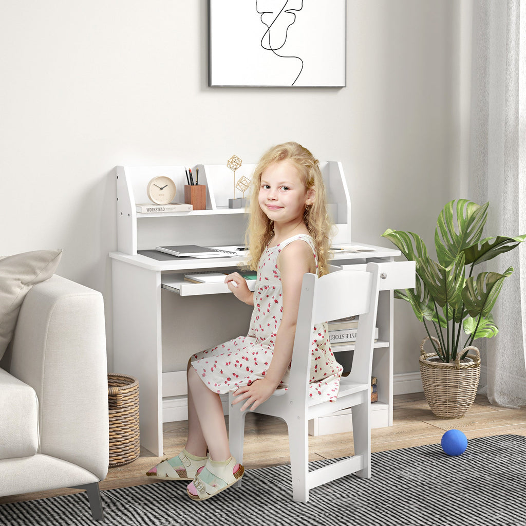 EasycomfortZONEKIZ Banco Scuola e Sedia per Bambini da 5-8 Anni with Scaffale e Mensola Estraibile in Legno white
