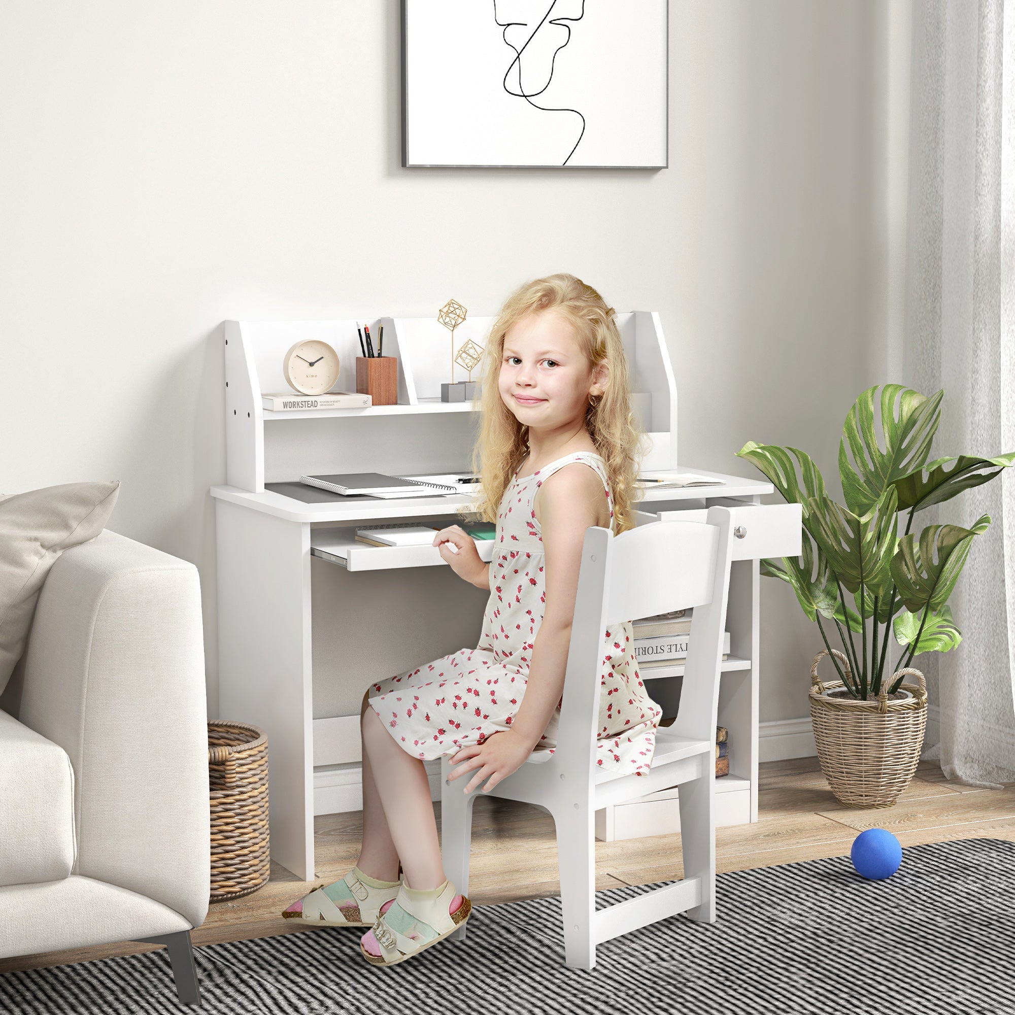 EasycomfortZONEKIZ Banco Scuola e Sedia per Bambini da 5-8 Anni with Scaffale e Mensola Estraibile in Legno white