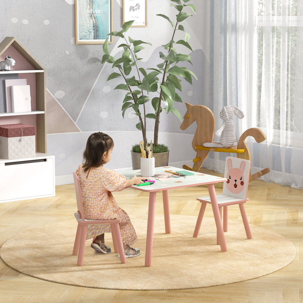 EasycomfortZONEKIZ Set Tavolo e Sedie 3 Pezzi per Bambini 3-8 Anni in MDF e Legno di Pino with Disegni di Animali, Rosa