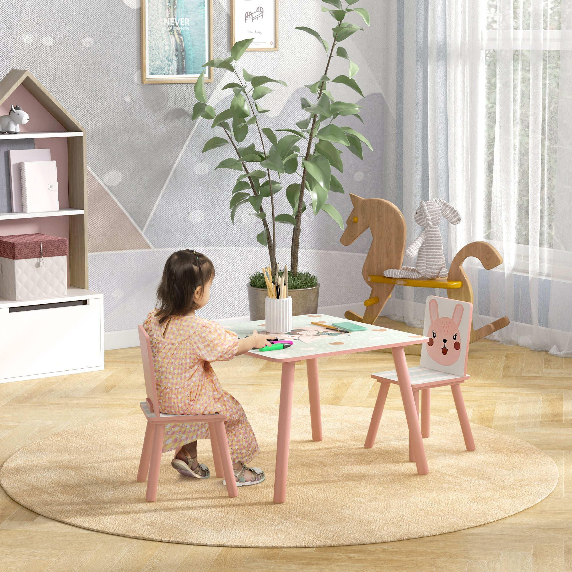 EasycomfortZONEKIZ Set Tavolo e Sedie 3 Pezzi per Bambini 3-8 Anni in MDF e Legno di Pino with Disegni di Animali, Rosa