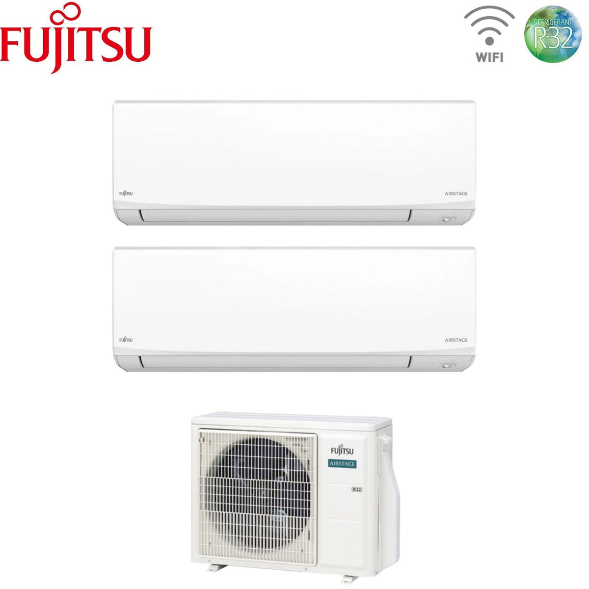 Fujitsu KJ White dual-split airconditioner 7.000 + 12.000 BTU, AOEG18KBCA2, R-32, Wi-Fi