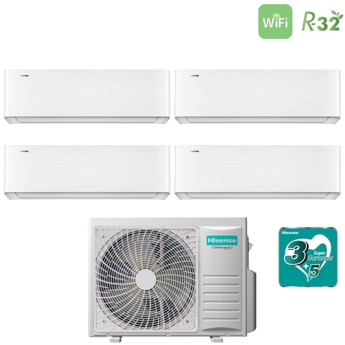 Hisense Energy Pro X quad-split airconditioner 9+9+9+12 met 4AMW81U4RJC (R-32, Wi‑Fi)