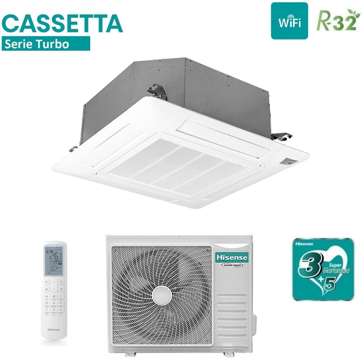 Air conditioner a Cassetta Hisense TURBO 36000 Btu AUC105UR4RKC8 + AUW105U4RW8 R-32 optional Wi-Fi with Telecomando e Pannello Incluso