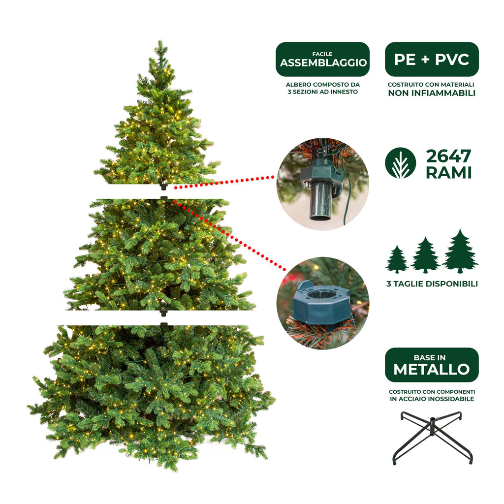 Albero di Natale Artificiale Verde Le Stelle Courmayeur H 180cm x L 120cm Super Folto with 2000 Luci Led Incorporate 2647 Rami