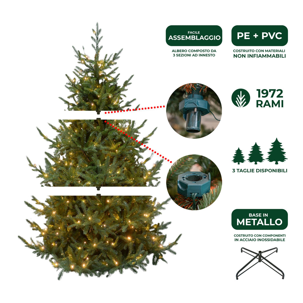 Albero di Natale Artificiale Verde Le Stelle Sestriere H 180cm x L 145cm Super Folto with 400 Luci Led + 20 Luci Flash Incorporate 1972 Rami
