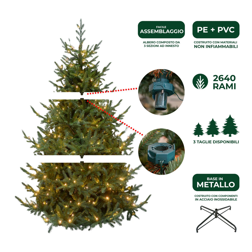 Albero di Natale Artificiale Verde Le Stelle Sestriere H 210cm x L 150cm Super Folto with 500 Luci Led + 20 Luci Flash Incorporate 2640 Rami