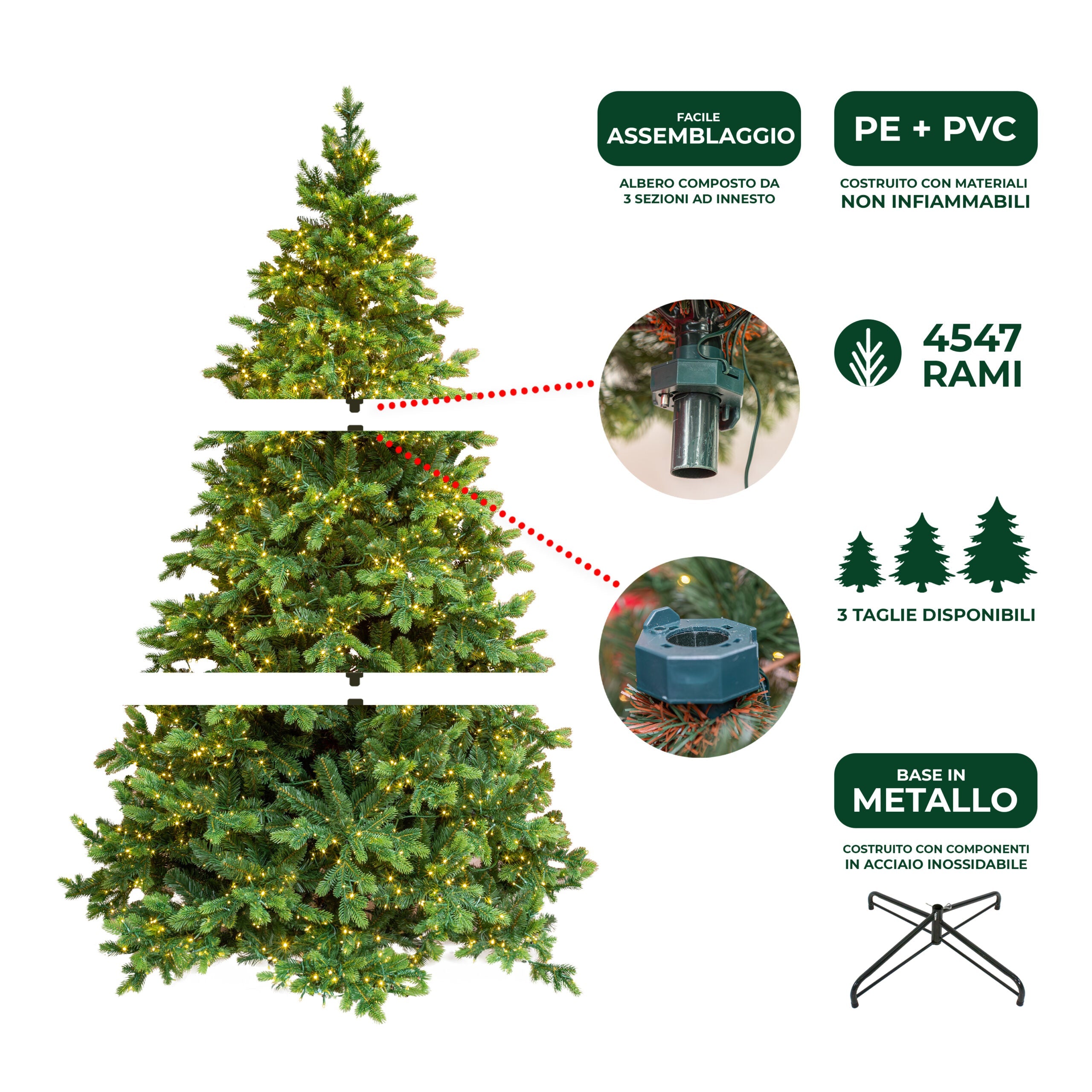 Albero di Natale Artificiale Verde Le Stelle Courmayeur H 240cm x L 150cm Super Folto with 4000 Luci Led Incorporate 4547 Rami