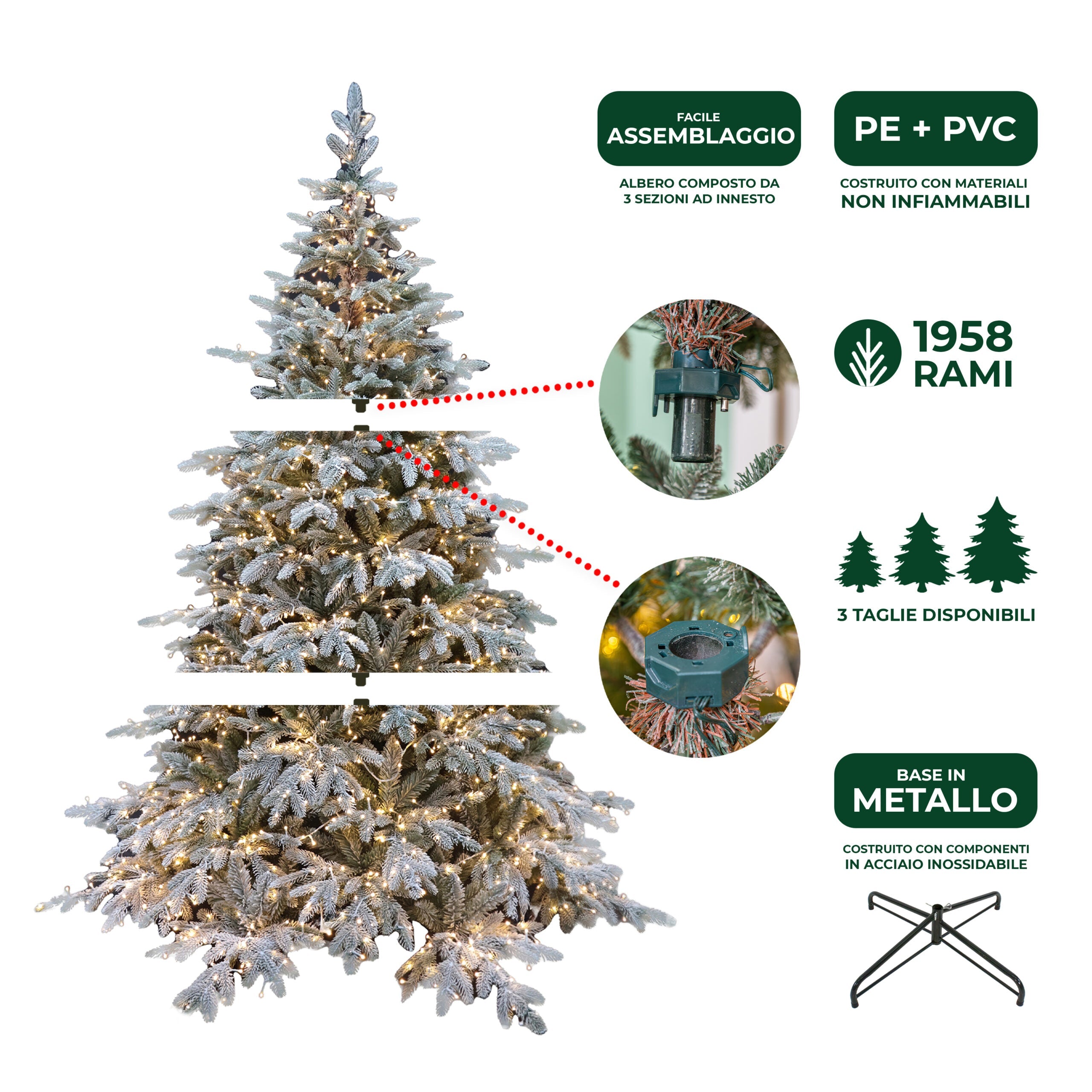 Albero di Natale Pino Verde Innevato Le Stelle St. Moritz H 180cm x L 130cm Super Folto Effetto Real-Touch with 2000 Luci Led Incorporate 1958 Rami