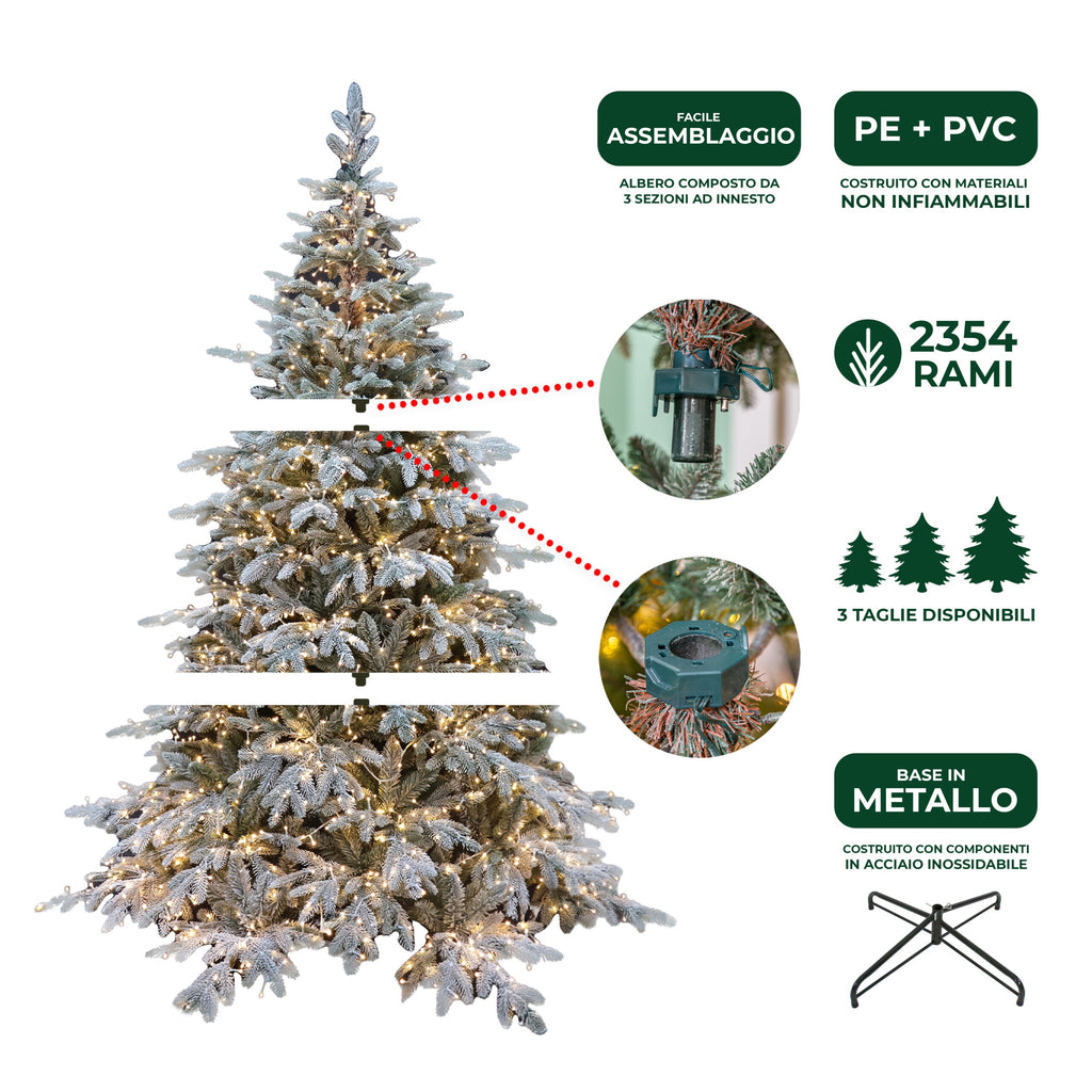 Albero di Natale Pino Verde Innevato Le Stelle St. Moritz H 210cm x L 150cm Super Folto Effetto Real-Touch with 2500 Luci Led Incorporate 2354 Rami