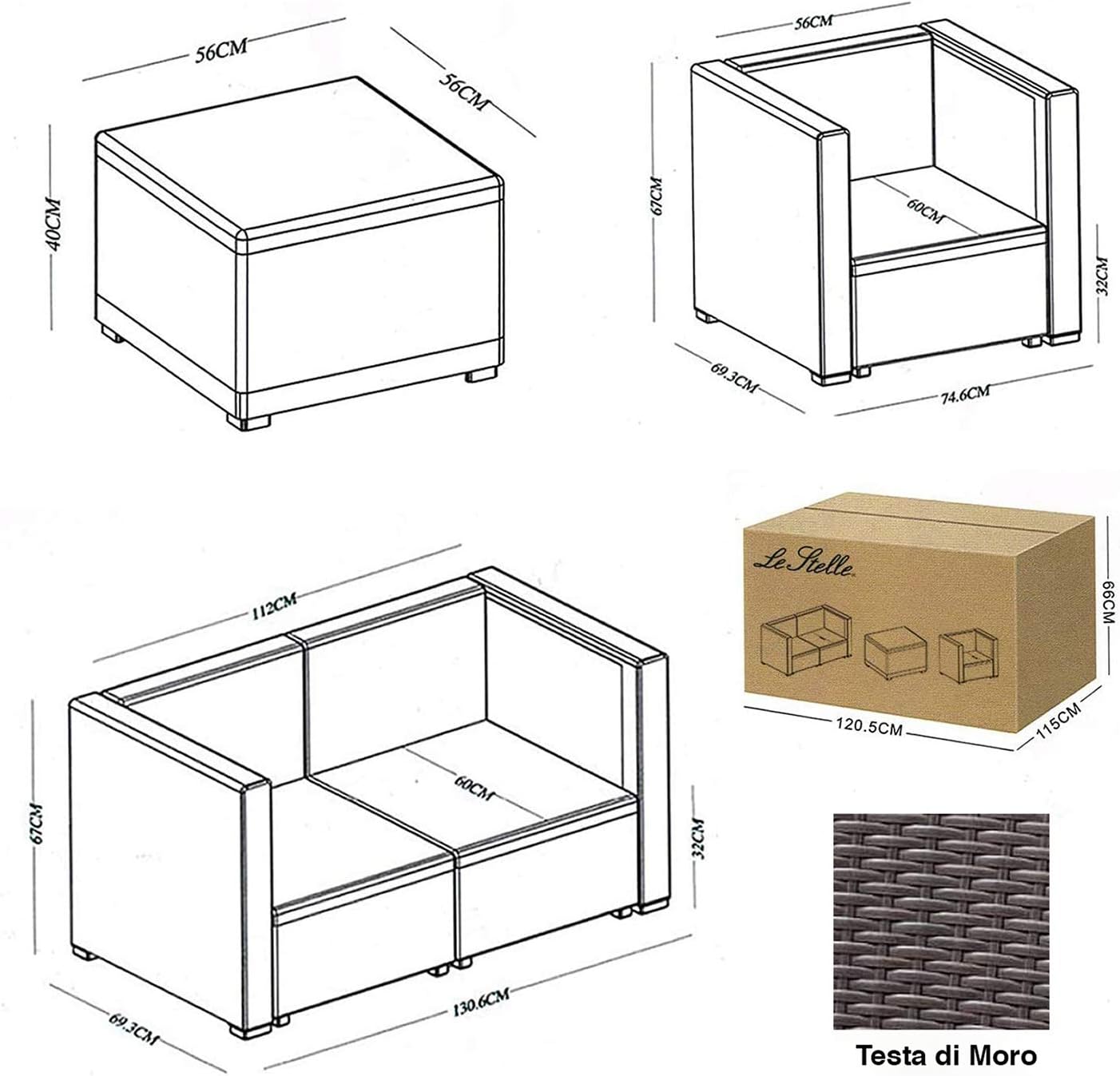 Le Stelle Set Salotto da Giardino in Polyrattan with Divano, Poltrone Tavolino e Cuscini Colore Marrone