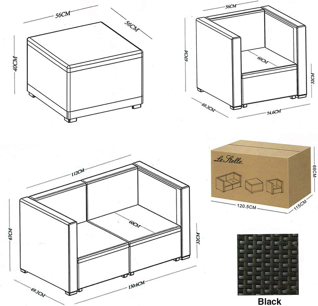 Le Stelle Set Salotto da Giardino in Polyrattan with Divano, Poltrone Tavolino e Cuscini Colore black