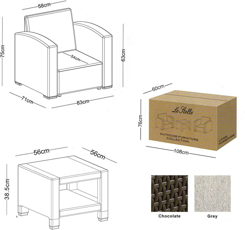 Le Stelle Set Salotto da Giardino in Polyrattan da 3 Pezzi, 2 Poltrone da Esterno, Tavolino e Cuscini Cioccolato