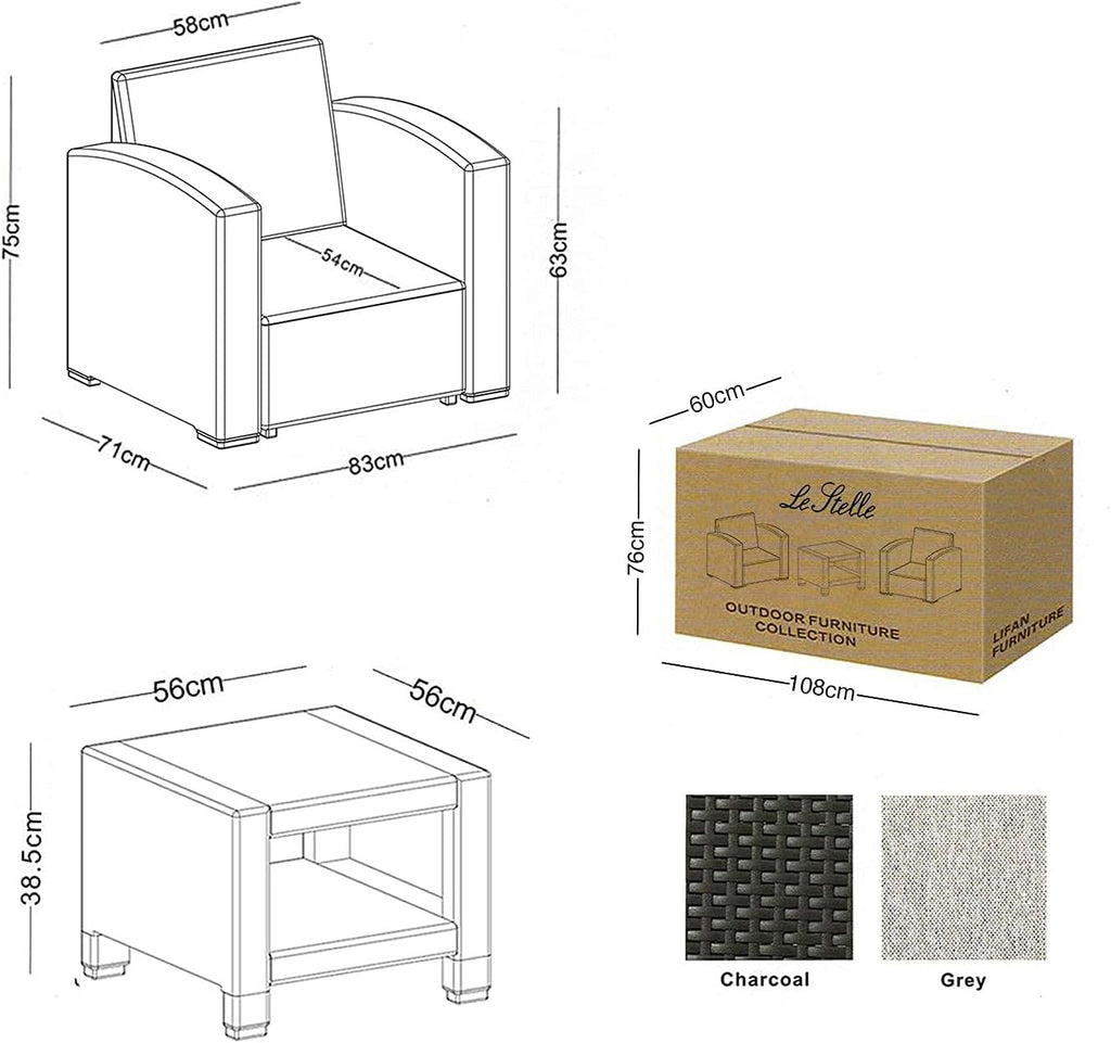 Le Stelle Set Salotto da Giardino in Polyrattan da 3 Pezzi, 2 Poltrone da Esterno, Tavolino e Cuscini