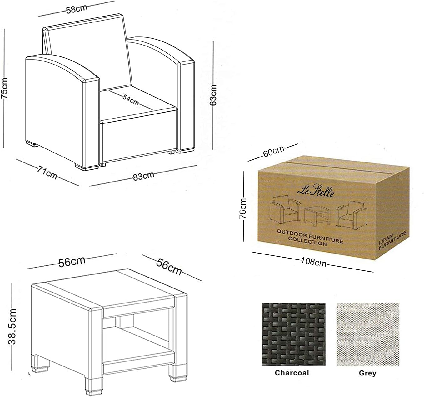 Le Stelle Set Salotto da Giardino in Polyrattan da 3 Pezzi, 2 Poltrone da Esterno, Tavolino e Cuscini