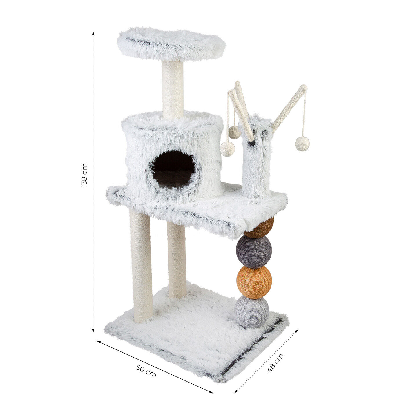 Tiragraffi ad Albero per Gatti Alto 100cm with Lettino , Pali e Palle Colorate in Sisal 3 Ripiani