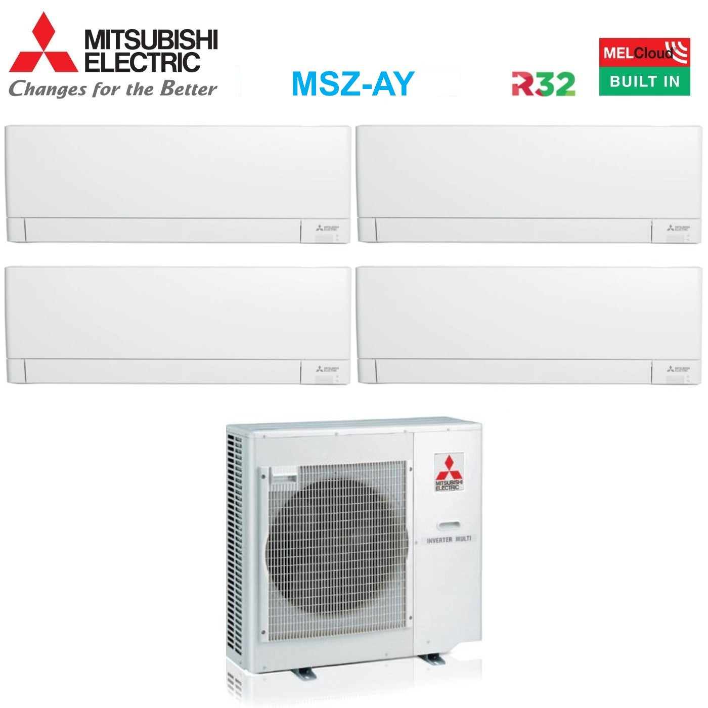 Mitsubishi Electric 7+7+9+12 BTU Quad-Split Air Conditioner R-32 Wi-Fi Built-in | MXZ-4F72VF