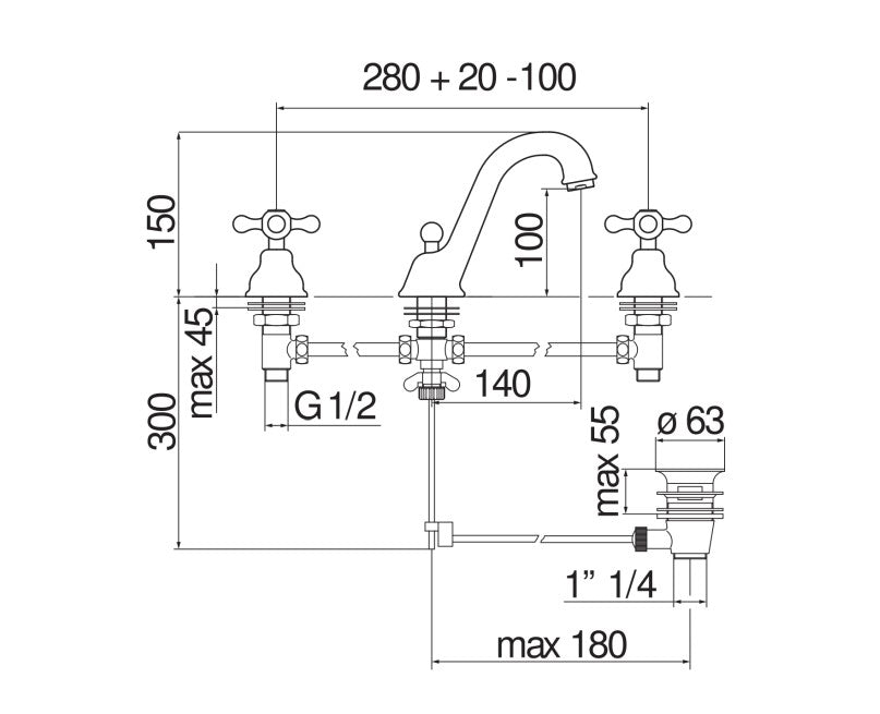 Rubinetto Lavabo with 3 fori Nobili series Grazia Finitura Cromo GRC5011/1CR