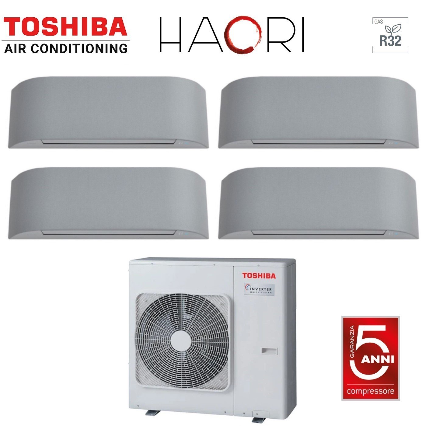 Air conditioner quad-split Toshiba Inverter series HAORI 10+13+13+13 (9+12+12+12) RAS-4M27U2AVG-E R-32 built-in Wi-Fi 10000+13000+13000+13000 (9000+12000+12000+12000) Grigio Chiaro