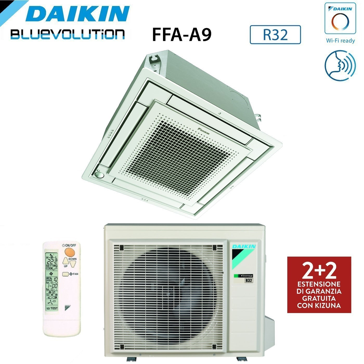 Daikin Fully Flat Cassette Air Conditioner 9000 Btu FFA25A9 R-32 Wi-Fi Optional with Grille Included Class A++/A+ - Italian Warranty